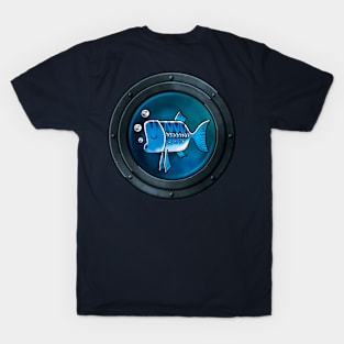 A Sleepy Blue Fish framed by a Porthole T-Shirt